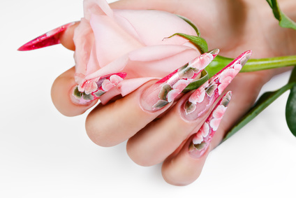 Female hand with beautiful nails holds a rose.